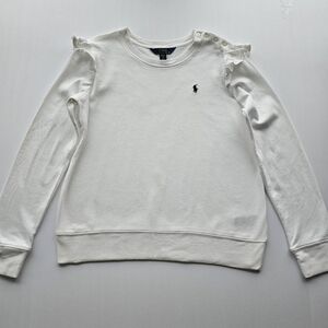 Teen Girls Ralph Lauren White Ruffle Long Sleeve Top Cotton Sweater XL 16